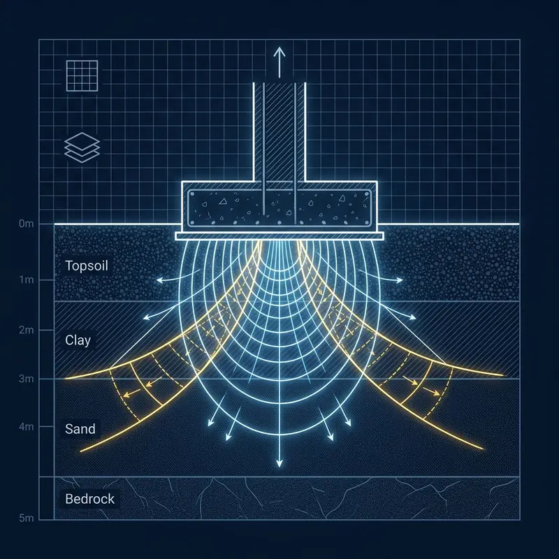 Blueprint illustration of foundation pressure radiating into soil