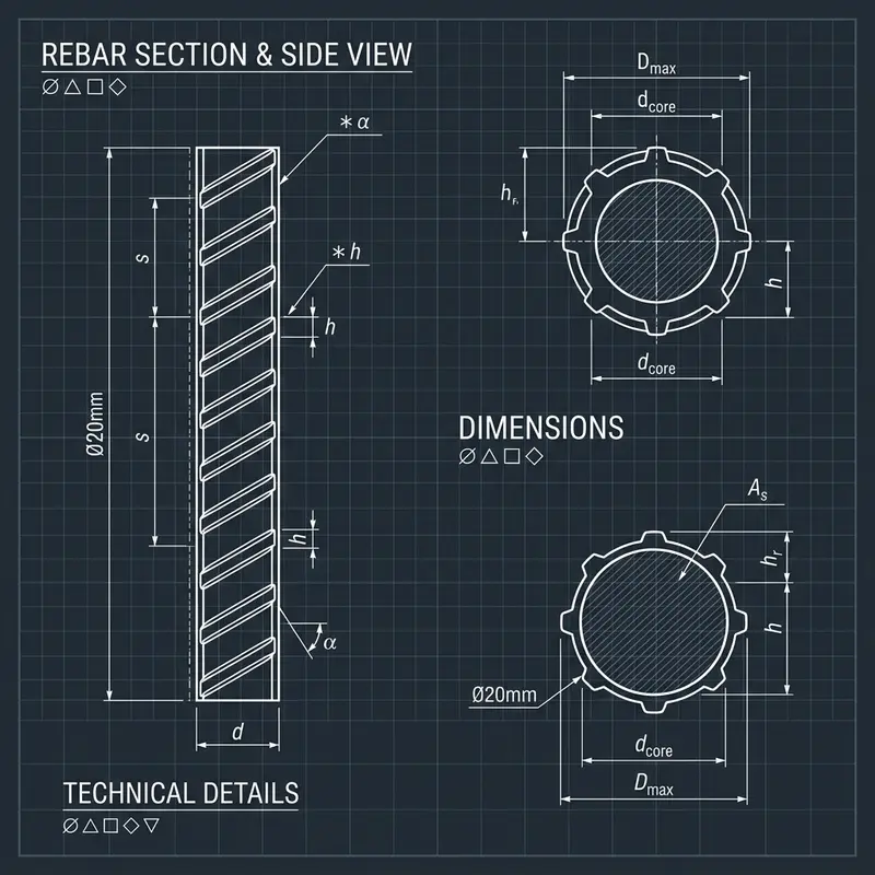 Technical blueprint of ribbed steel rebar cross-section